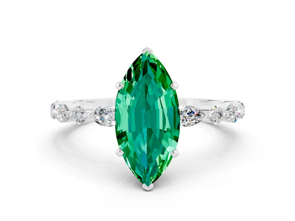 Platinum Marquise Cut Emerald Ring with Marquise and Round  Side Stones and Four-Prong Setting