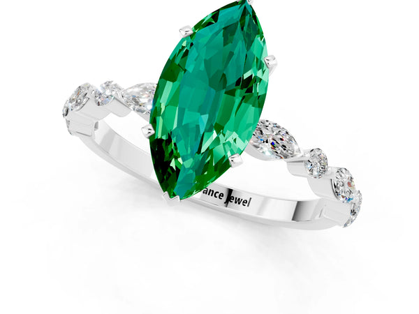 Silver Marquise Cut Emerald Ring with Marquise and Round  Side Stones and Four-Prong Setting