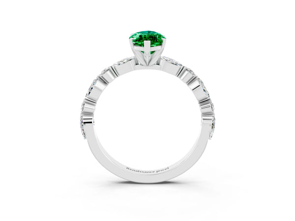 Platinum Marquise Cut Emerald Ring with Marquise and Round  Side Stones and Four-Prong Setting
