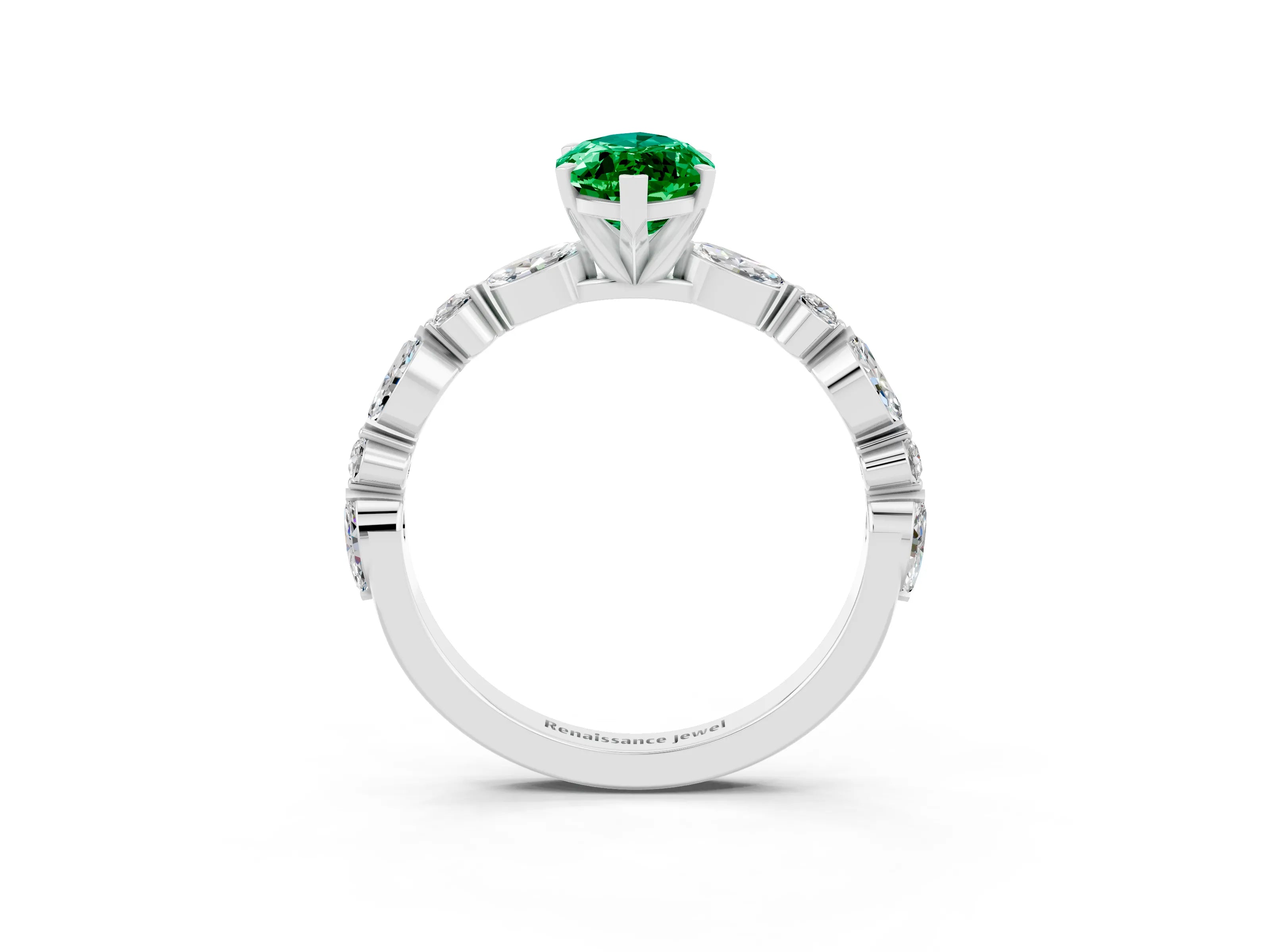 White gold Marquise Cut Emerald Solitaire with Side Stones on a Pavé Band and Four-Prong Setting_3