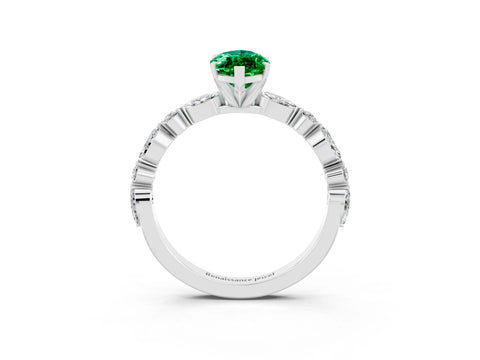 White gold Marquise Cut Emerald Solitaire with Side Stones on a Pavé Band and Four-Prong Setting_3