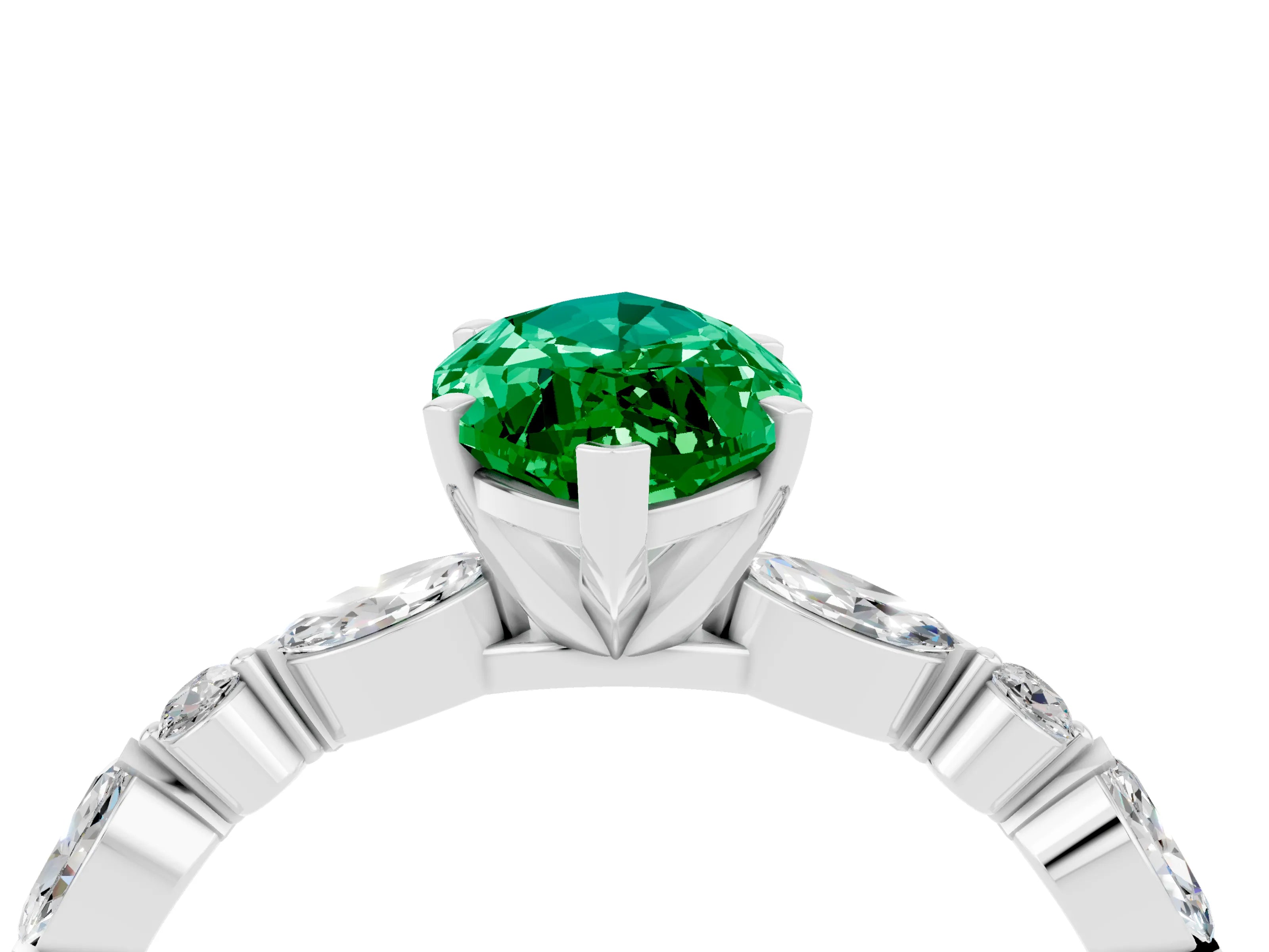 White gold Marquise Cut Emerald Solitaire with Side Stones on a Pavé Band and Four-Prong Setting_4