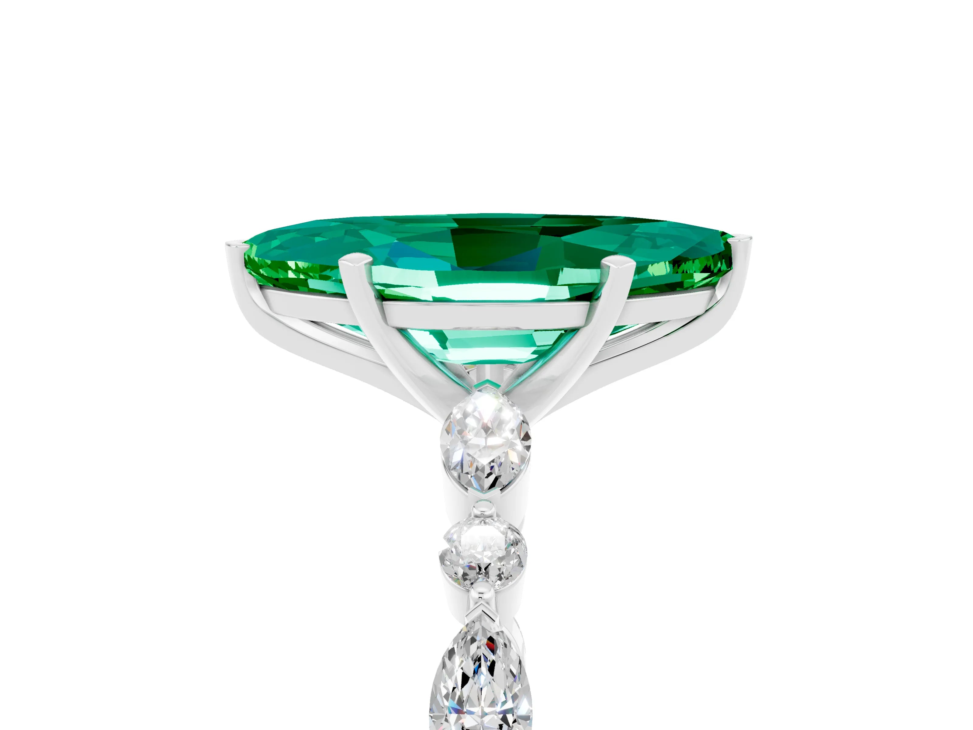 White gold Marquise Cut Emerald Solitaire with Side Stones on a Pavé Band and Four-Prong Setting_5
