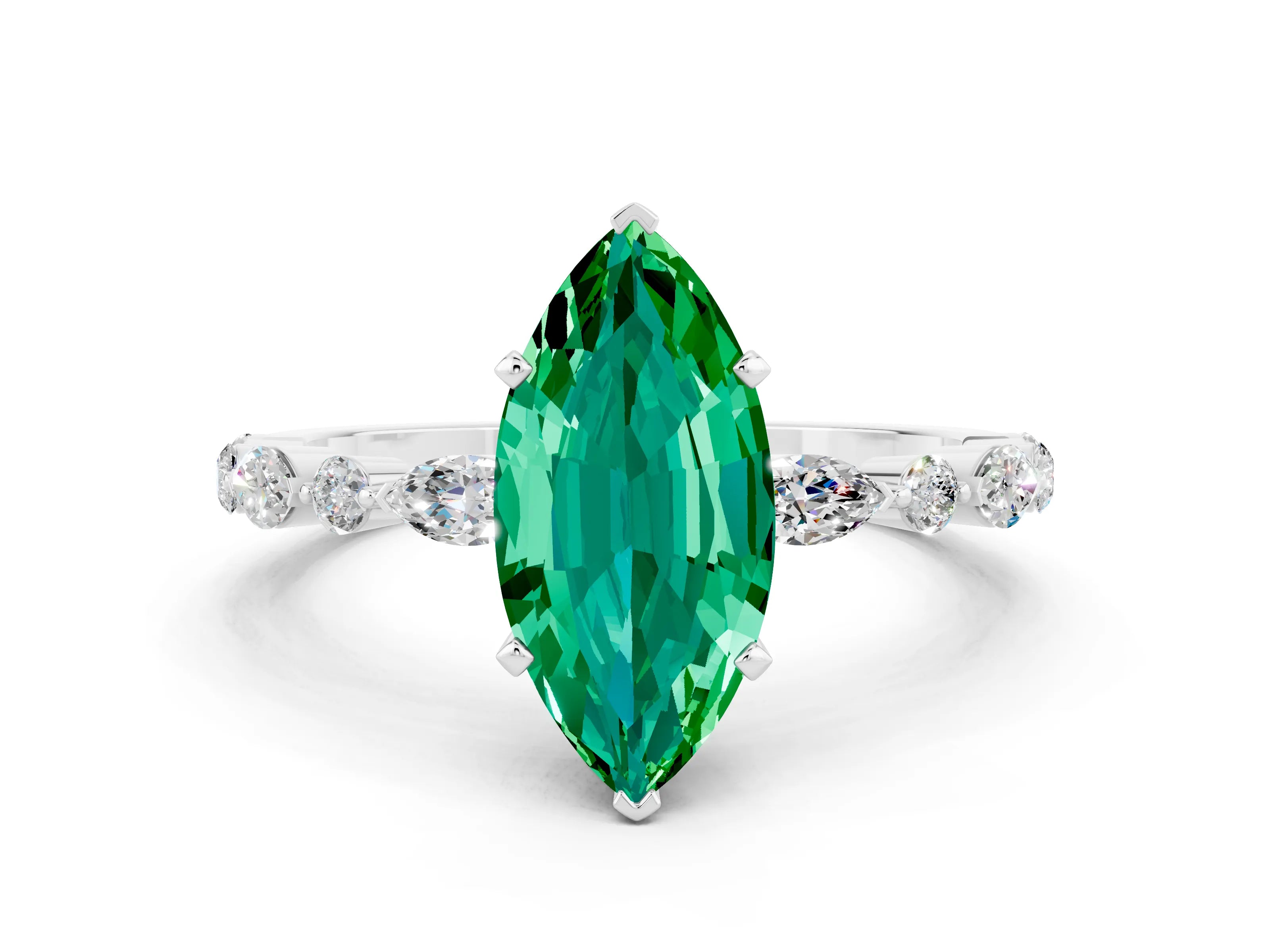 White gold Marquise Cut Emerald Solitaire with Side Stones on a Pavé Band and Four-Prong Setting