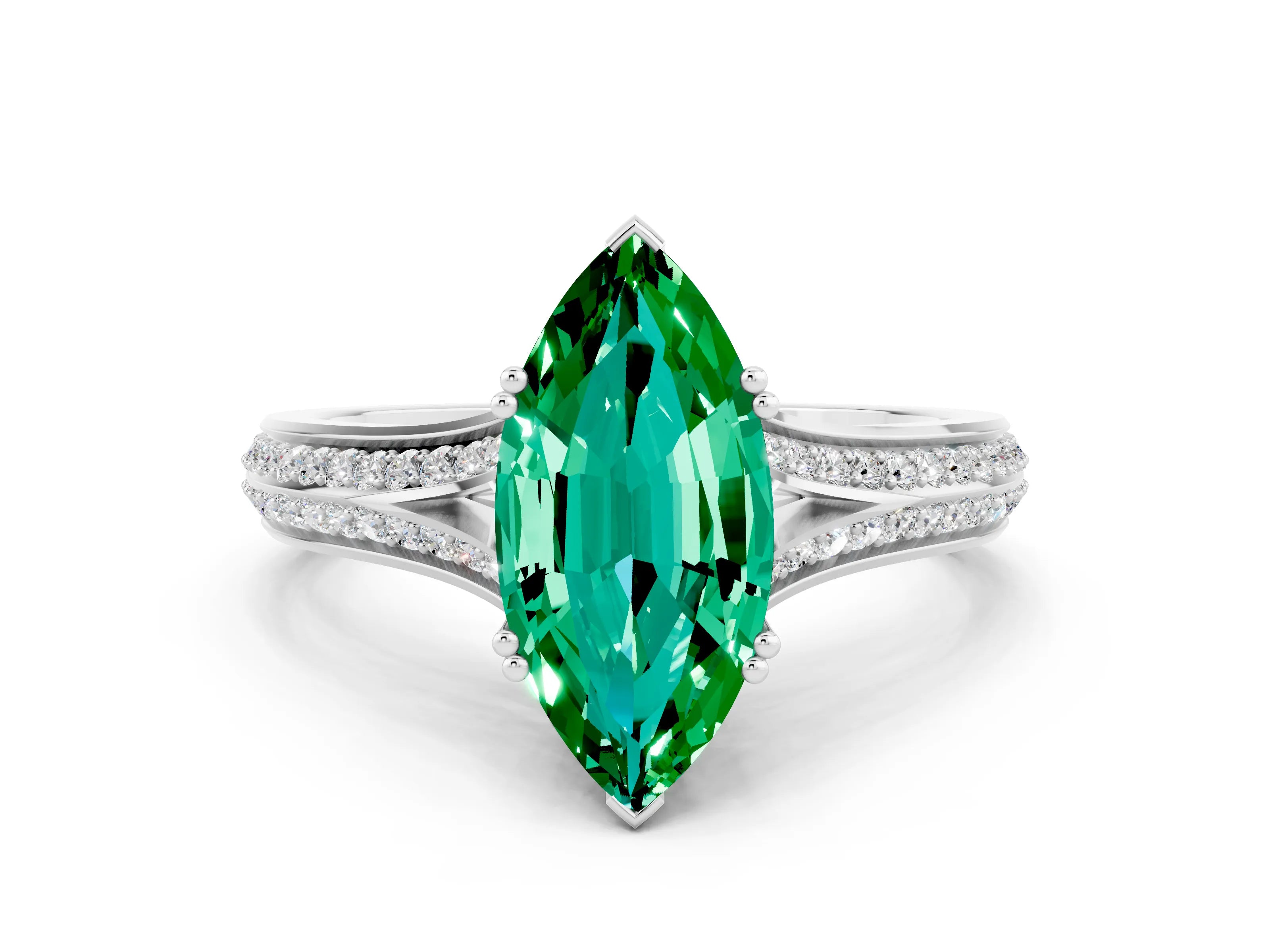 White gold Marquise Cut Emerald Split Shank Engagement Ring with Pavé Band