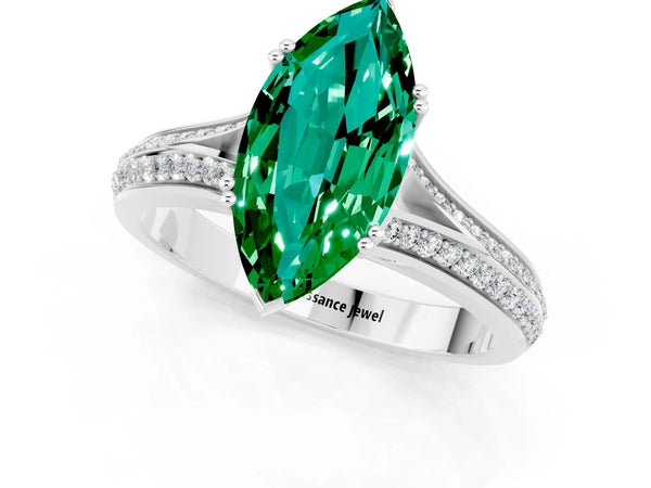 Silver Marquise Cut Emerald Split Shank Engagement Ring with Pavé Band