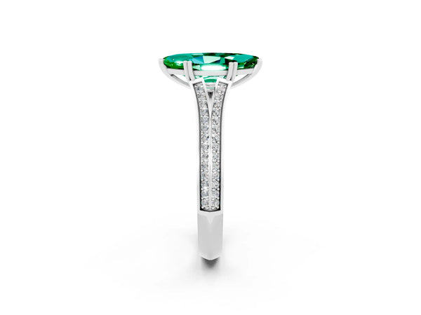 Silver Marquise Cut Emerald Split Shank Engagement Ring with Pavé Band