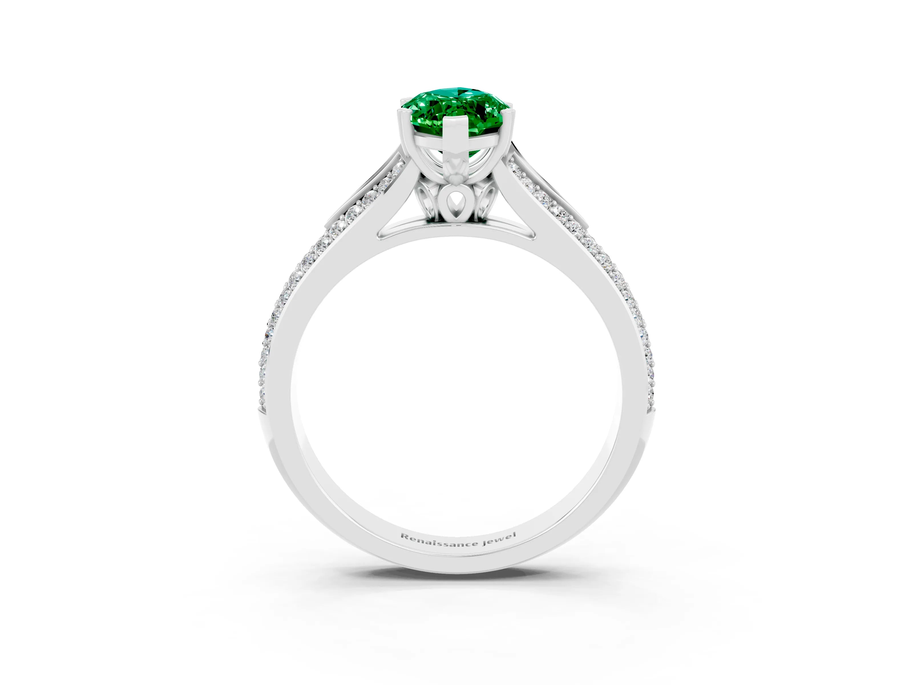 White gold Marquise Cut Emerald Split Shank Engagement Ring with Pavé Band_3