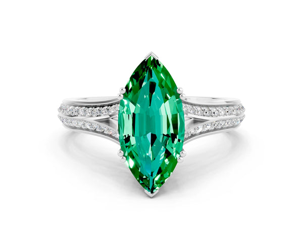 White gold Marquise Cut Emerald Split Shank Engagement Ring with Pavé Band