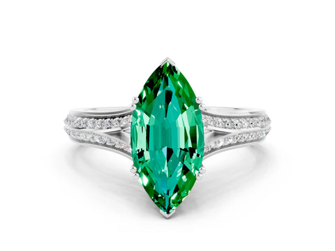 White gold Marquise Cut Emerald Split Shank Engagement Ring with Pavé Band
