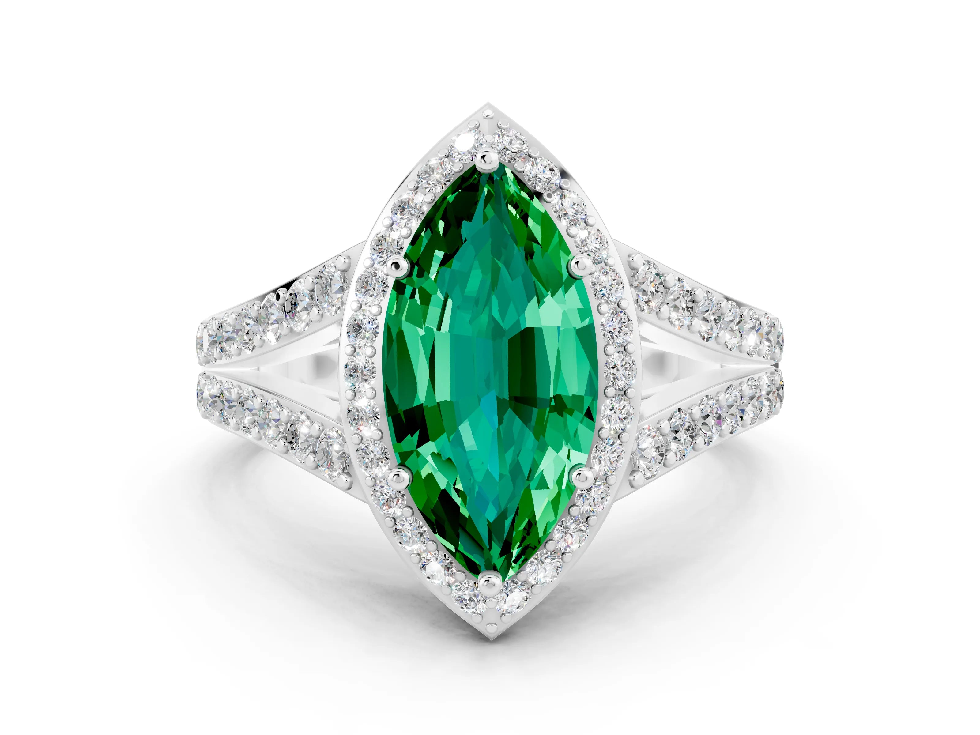 White gold Marquise Cut Emerald Split Shank Halo Ring with Four-Prong Setting_12