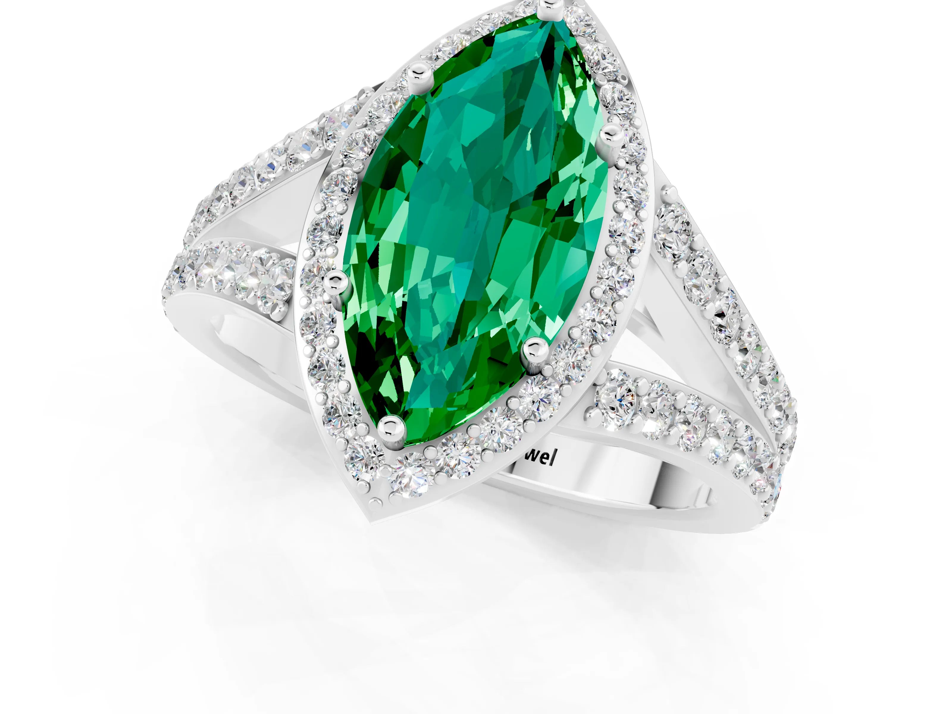 White gold Marquise Cut Emerald Split Shank Halo Ring with Four-Prong Setting_13