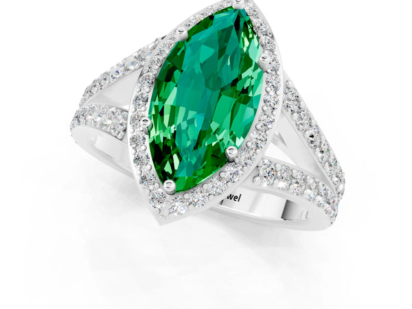 Platinum Marquise Cut Emerald Split Shank Halo Ring with Four-Prong Setting