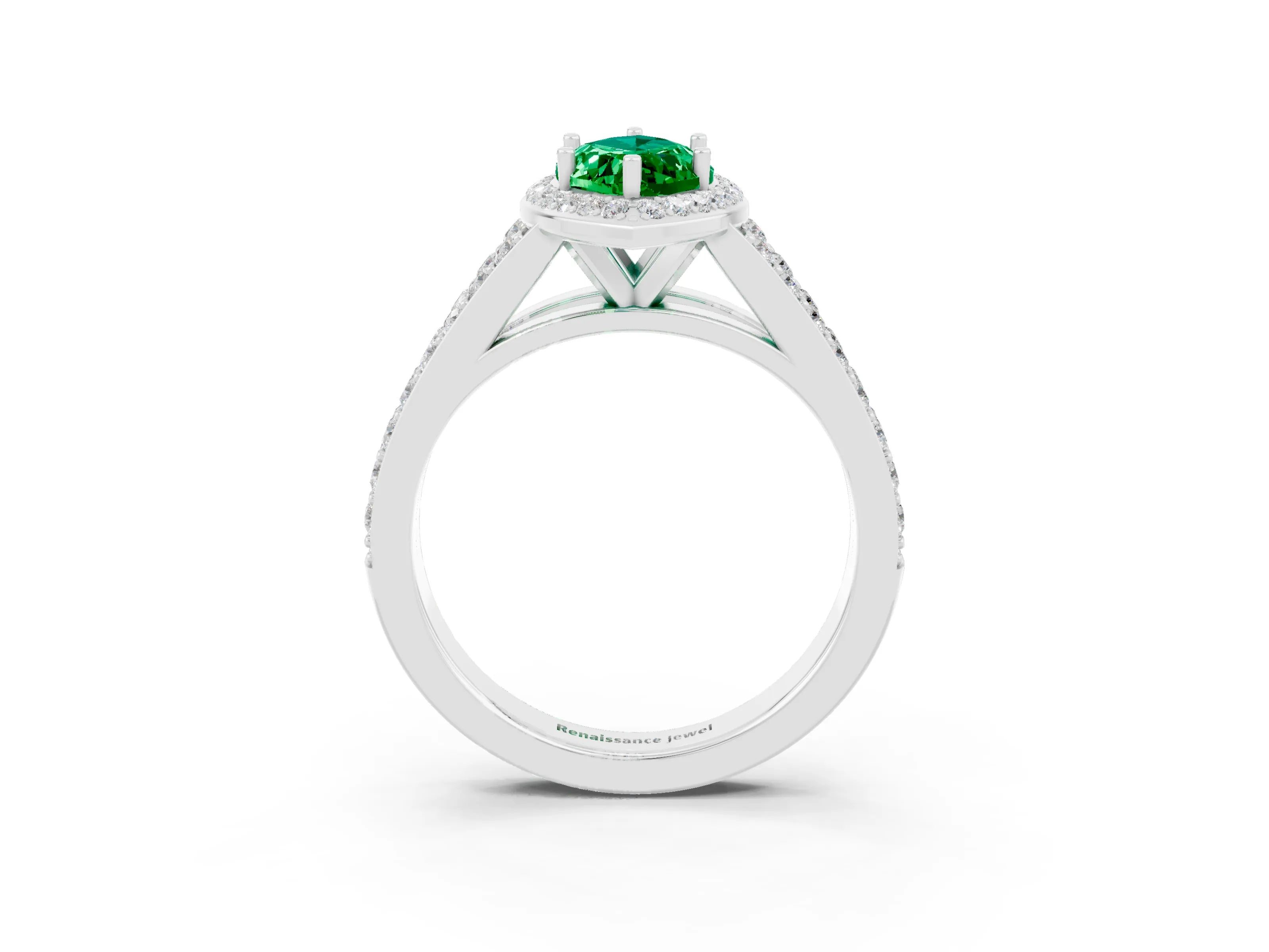 White gold Marquise Cut Emerald Split Shank Halo Ring with Four-Prong Setting_15