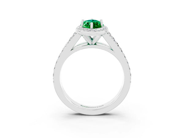 Platinum Marquise Cut Emerald Split Shank Halo Ring with Four-Prong Setting