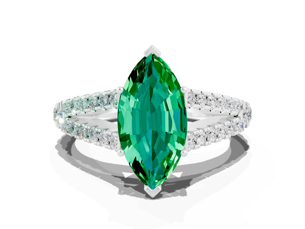 Silver Marquise Cut Emerald Split Shank Pavé Engagement Ring with Four-Prong Setting