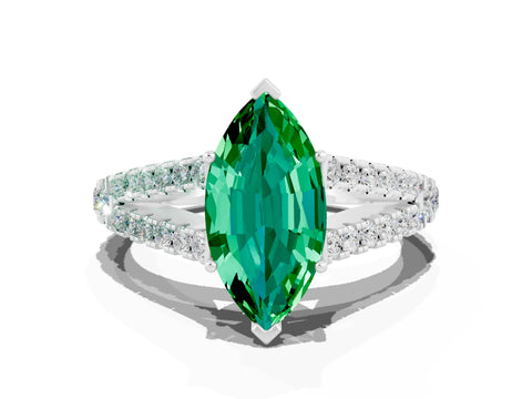 White gold Marquise Cut Emerald Split Shank Pavé Engagement Ring with Four-Prong Setting_12
