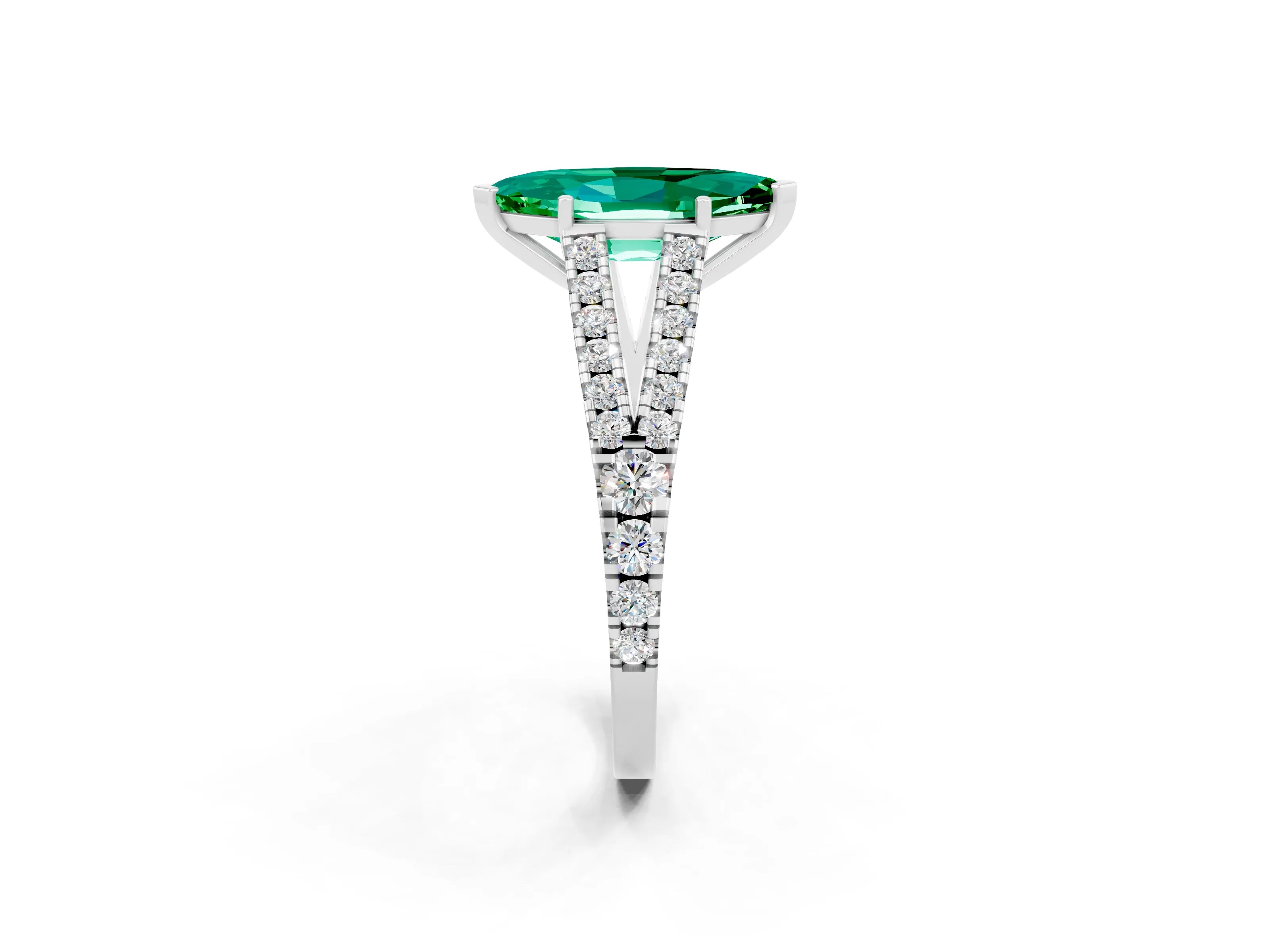 White gold Marquise Cut Emerald Split Shank Pavé Engagement Ring with Four-Prong Setting_14