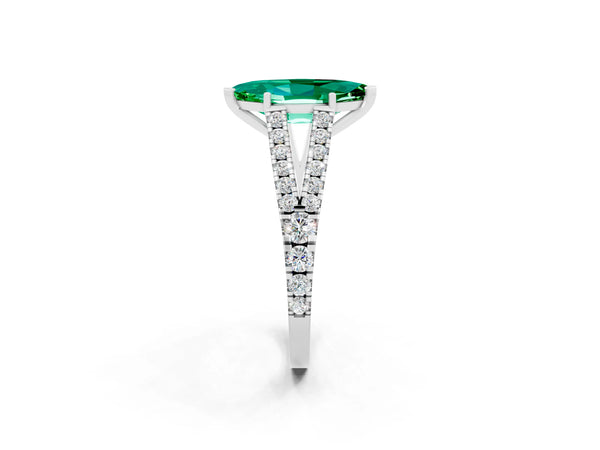 Silver Marquise Cut Emerald Split Shank Pavé Engagement Ring with Four-Prong Setting