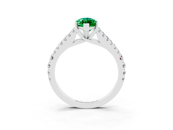 Platinum Marquise Cut Emerald Split Shank Pavé Engagement Ring with Four-Prong Setting