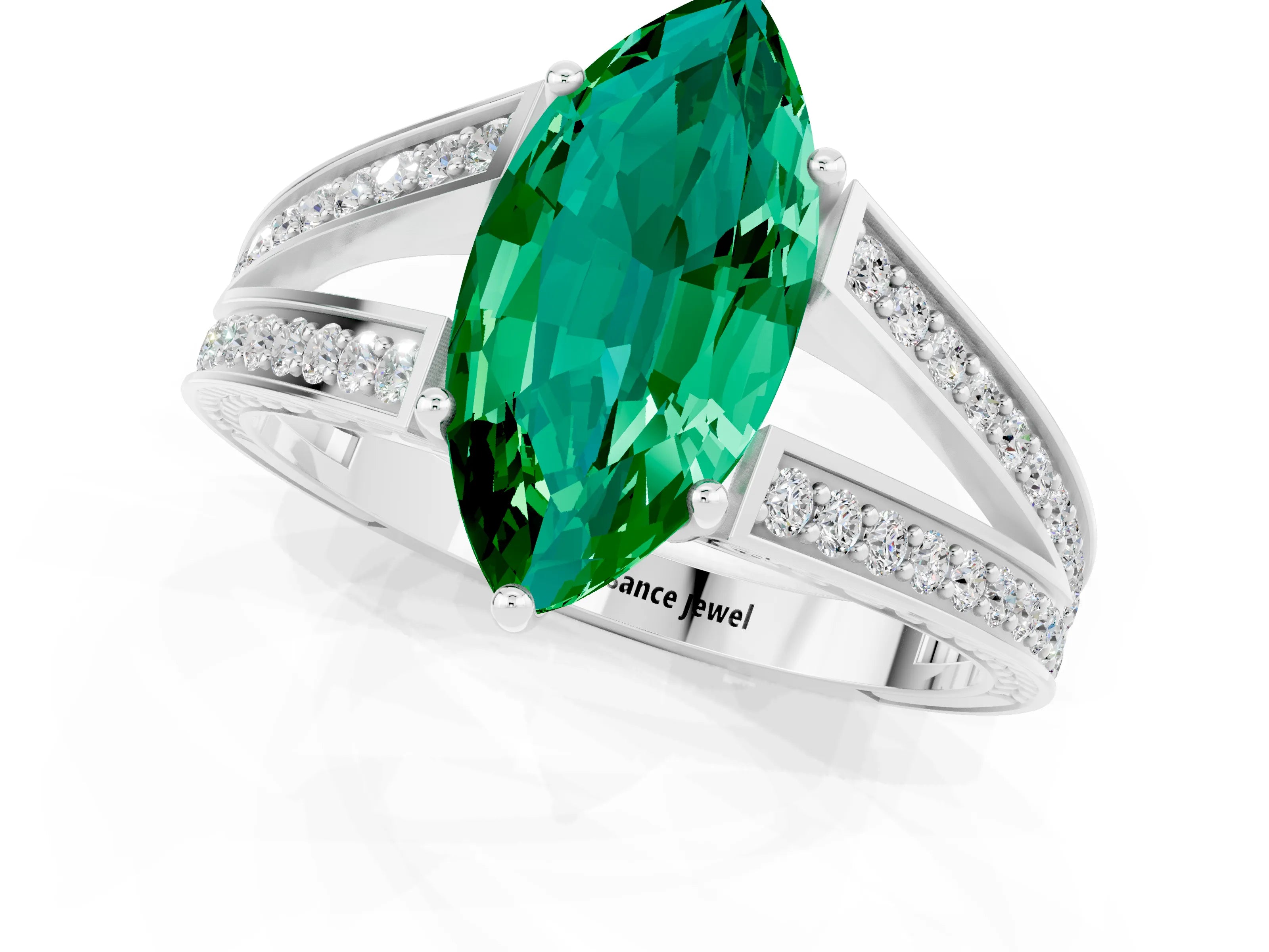 White gold Marquise Cut Emerald Split Shank Ring with Pavé Band and Four-Prong Setting_1