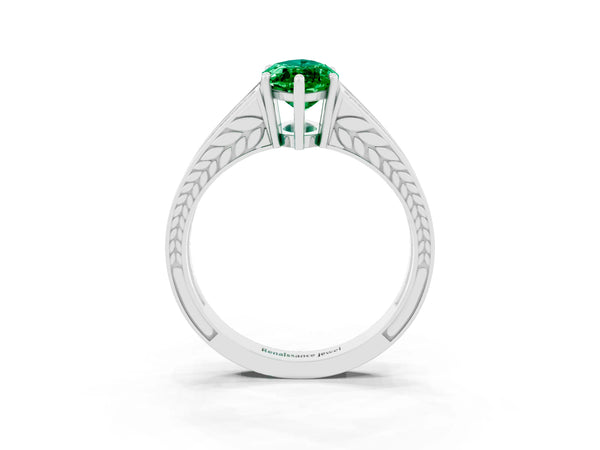 White gold Marquise Cut Emerald Split Shank Ring with Pavé Band and Four-Prong Setting