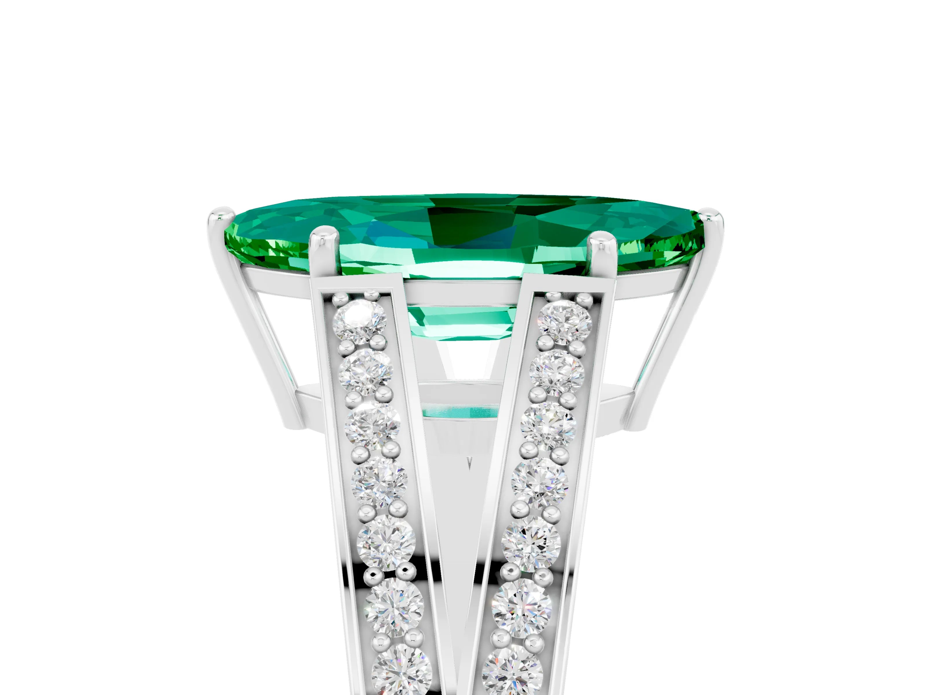 White gold Marquise Cut Emerald Split Shank Ring with Pavé Band and Four-Prong Setting_5