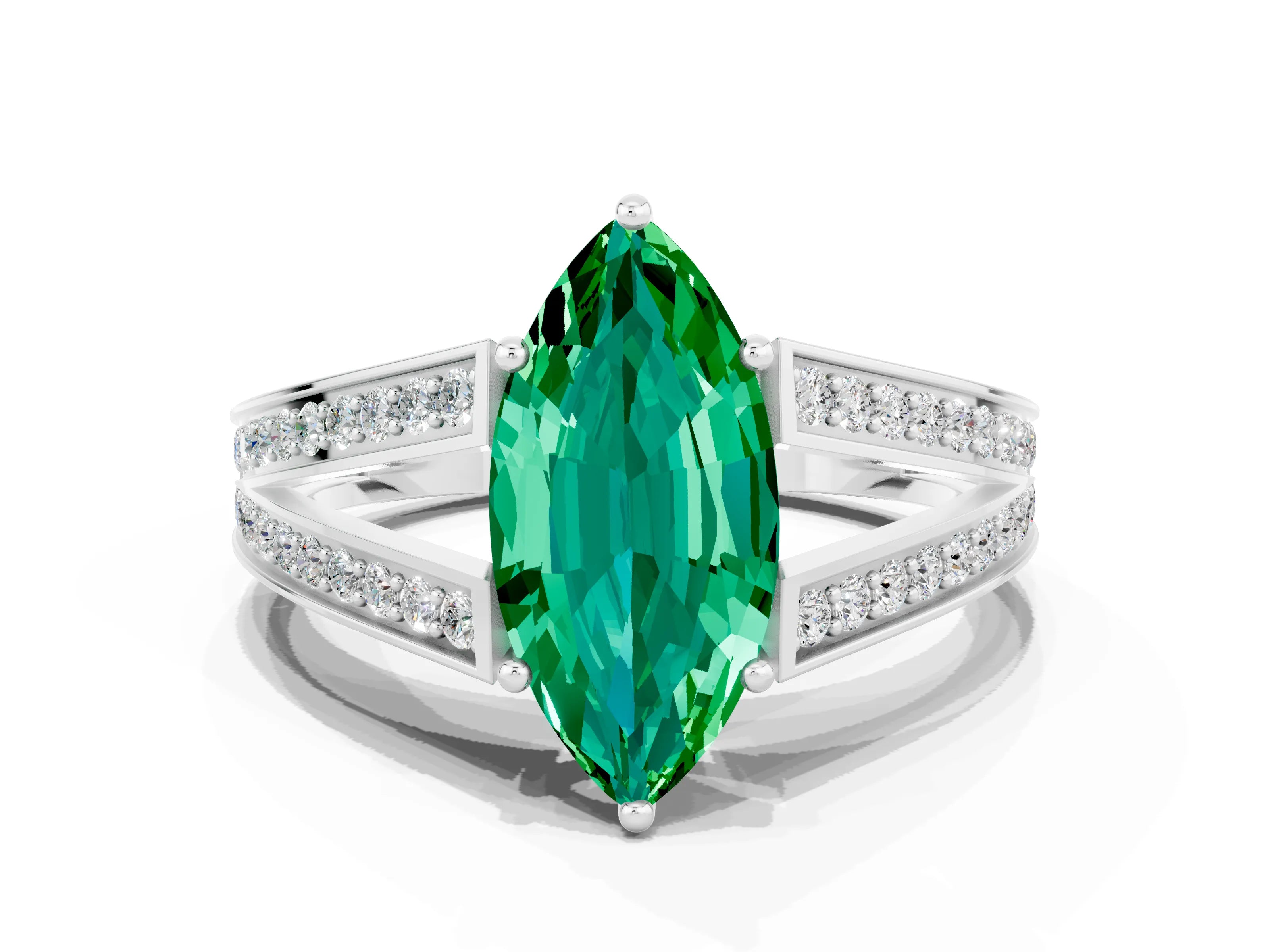 White gold Marquise Cut Emerald Split Shank Ring with Pavé Band and Four-Prong Setting
