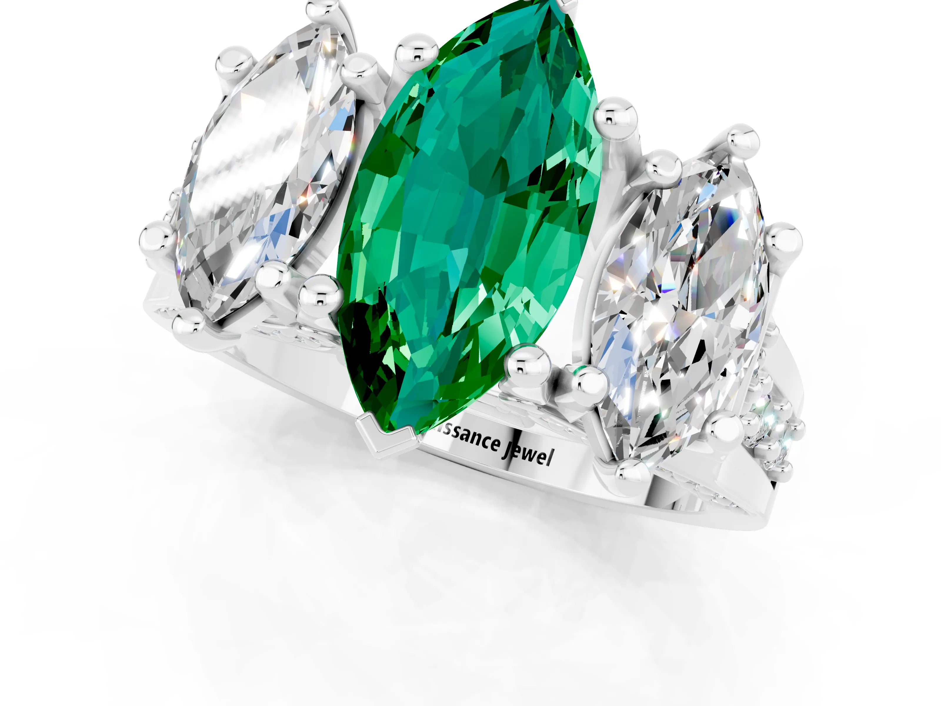 White gold Marquise Cut Emerald Three-Stone Ring with Channel Set Band and Four-Prong Setting_1