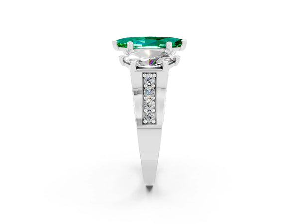 Silver Marquise Cut Emerald Three-Stone Ring with Channel Set Band and Four-Prong Setting