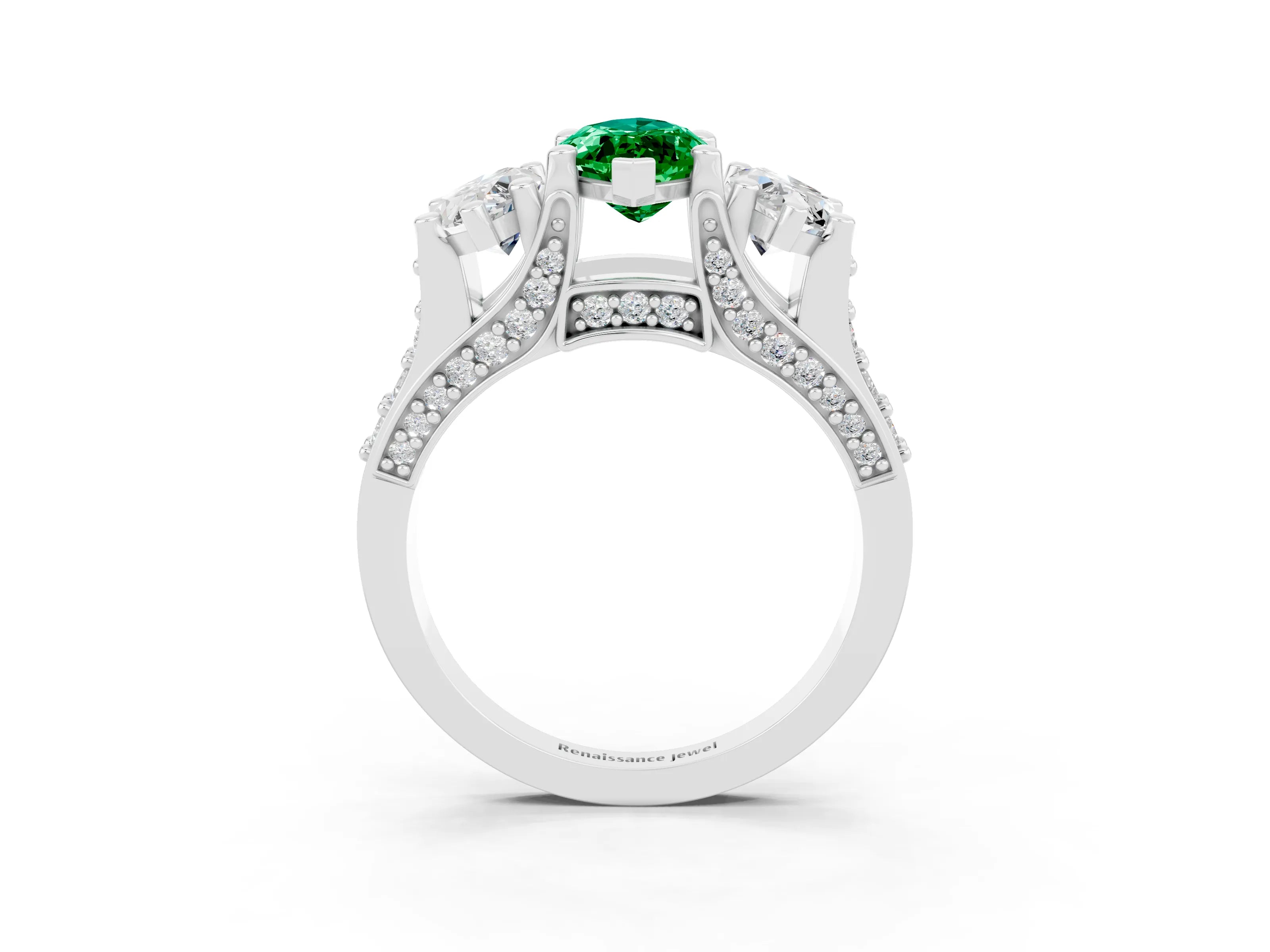 White gold Marquise Cut Emerald Three-Stone Ring with Channel Set Band and Four-Prong Setting_3
