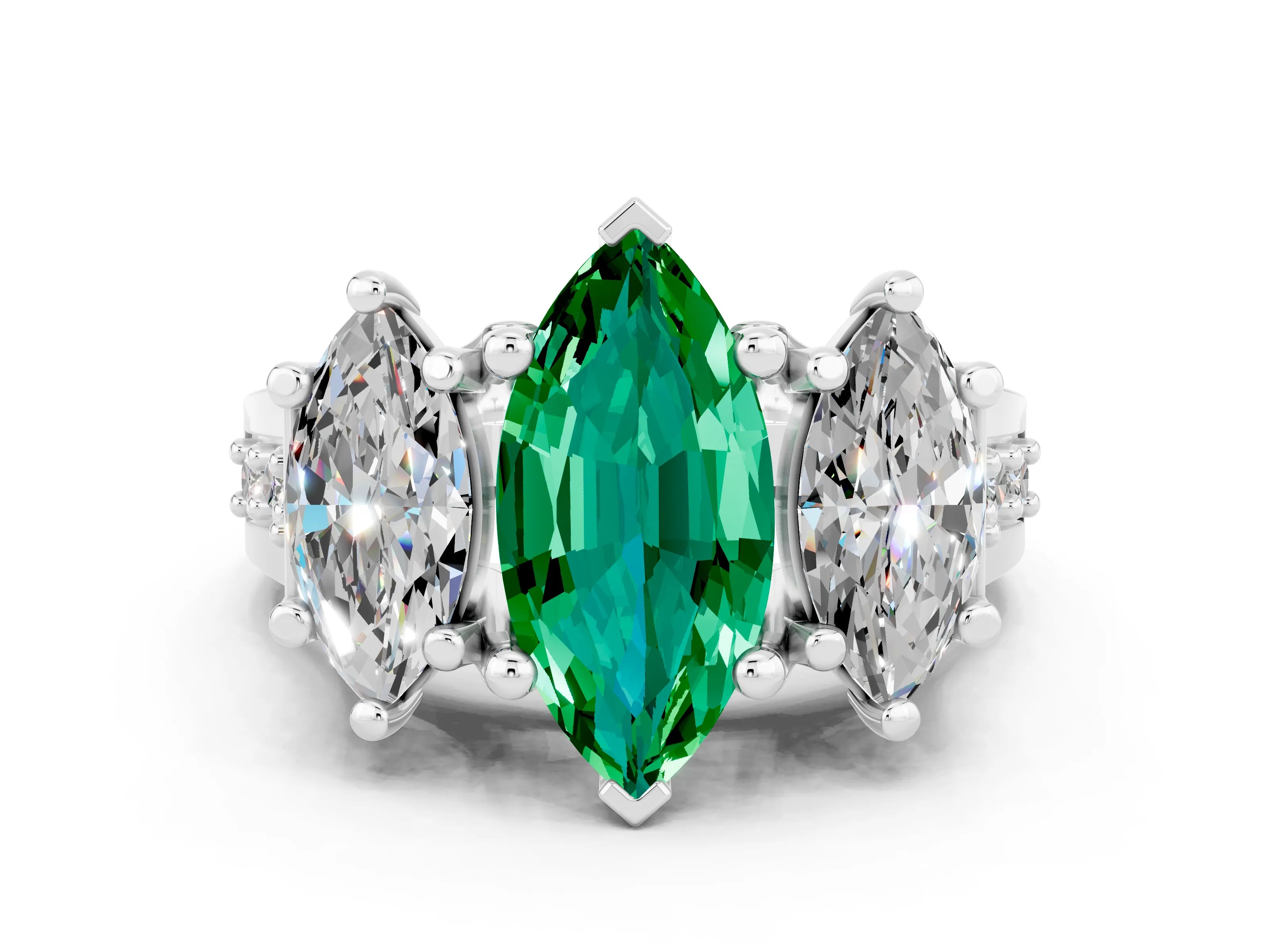 White gold Marquise Cut Emerald Three-Stone Ring with Channel Set Band and Four-Prong Setting