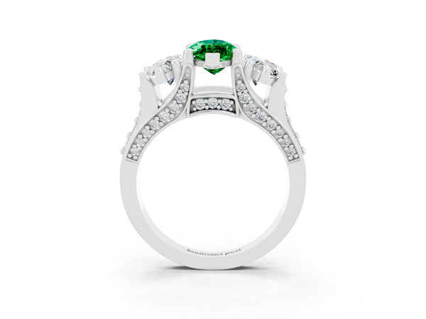 Silver Marquise Cut Emerald Three-Stone Ring with Channel Set Band and Four-Prong Setting