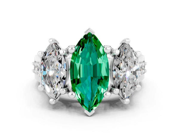 White gold Marquise Cut Emerald Three-Stone Ring with Channel Set Band and Four-Prong Setting