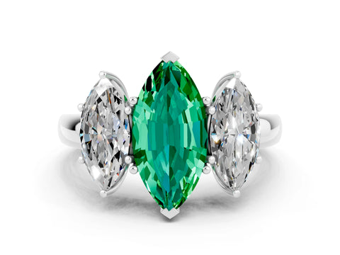 White gold Marquise Cut Emerald Three-Stone Ring with Four-Prong Setting and Classic Band