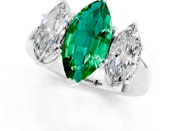 Silver Marquise Cut Emerald Three-Stone Ring with Four-Prong Setting and Classic Band
