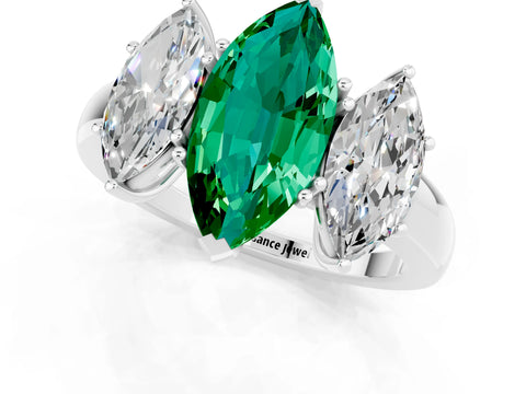 White gold Marquise Cut Emerald Three-Stone Ring with Four-Prong Setting and Classic Band_1