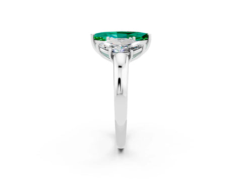 White gold Marquise Cut Emerald Three-Stone Ring with Four-Prong Setting and Classic Band_2