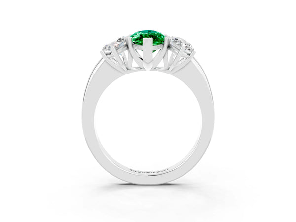 Silver Marquise Cut Emerald Three-Stone Ring with Four-Prong Setting and Classic Band