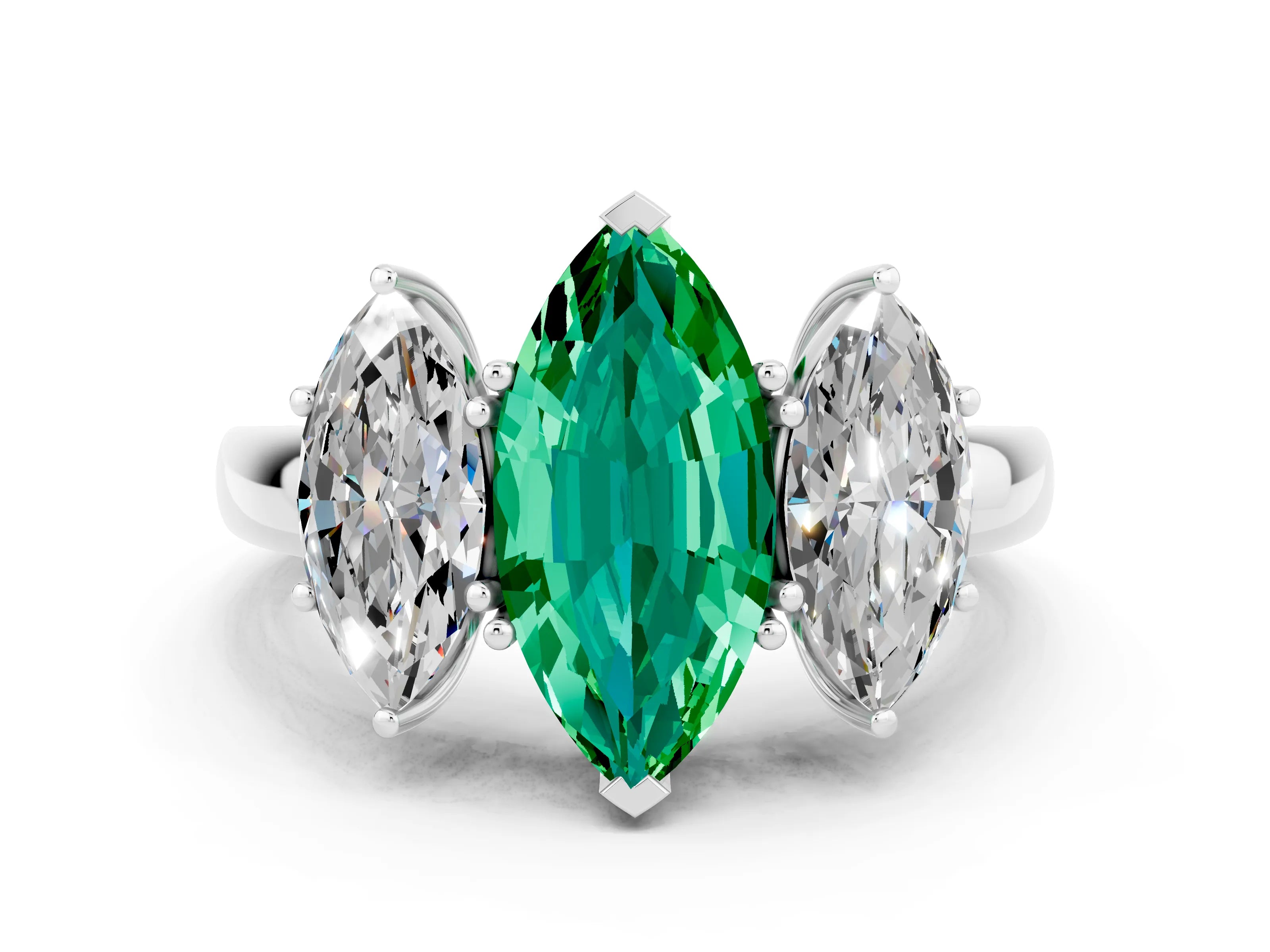 White gold Marquise Cut Emerald Three-Stone Ring with Four-Prong Setting and Classic Band