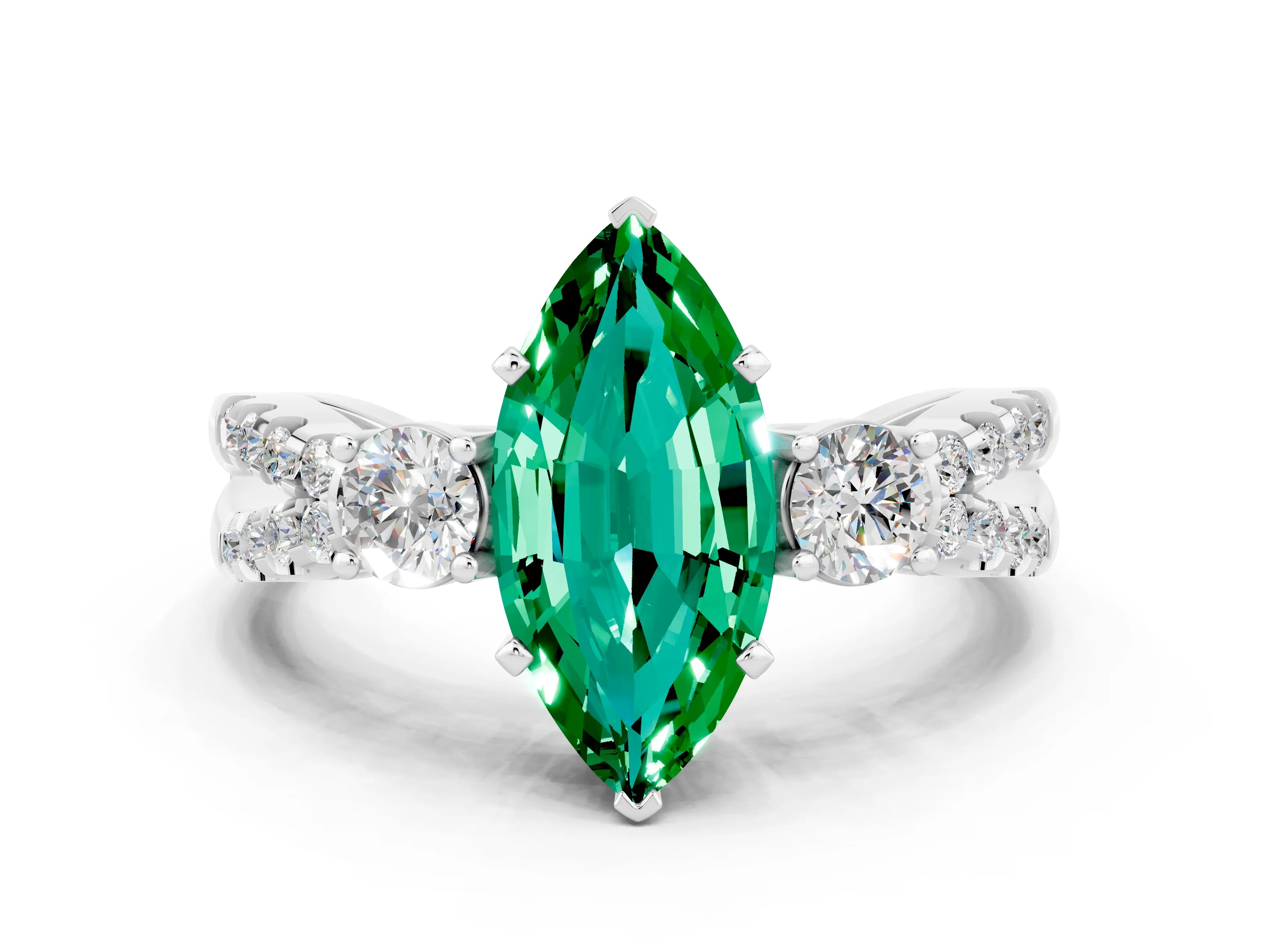 White gold Marquise Cut Emerald Three-Stone Ring with Pavé Split Shank and Four-Prong Setting_12