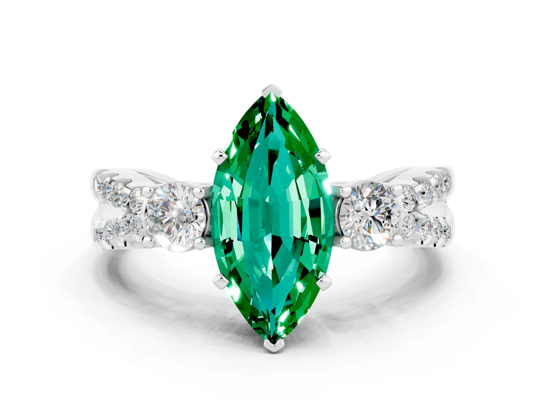 White gold Marquise Cut Emerald Three-Stone Ring with Pavé Split Shank and Four-Prong Setting_12