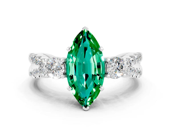 White gold Marquise Cut Emerald Three-Stone Ring with Pavé Split Shank and Four-Prong Setting