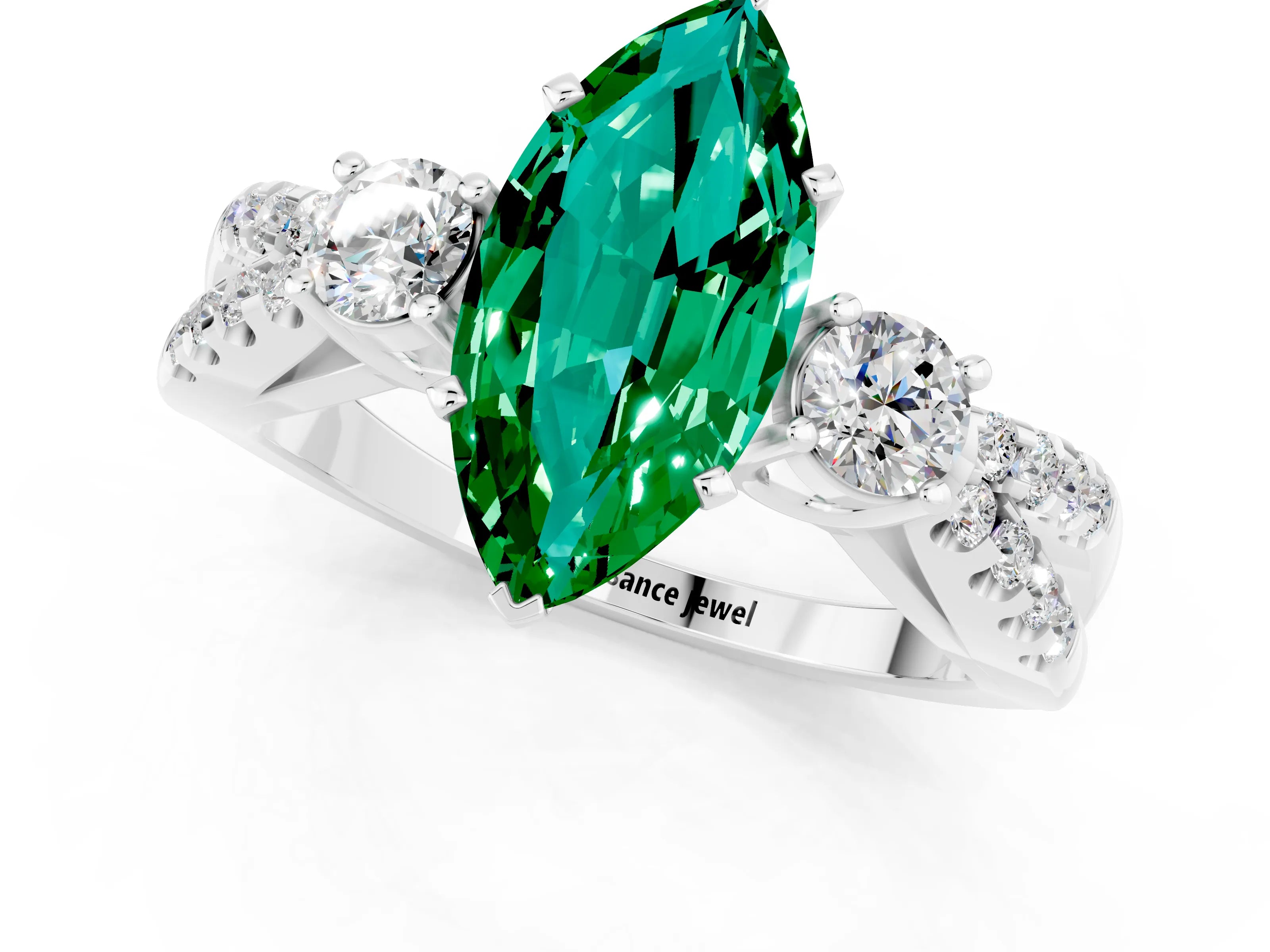 White gold Marquise Cut Emerald Three-Stone Ring with Pavé Split Shank and Four-Prong Setting_13