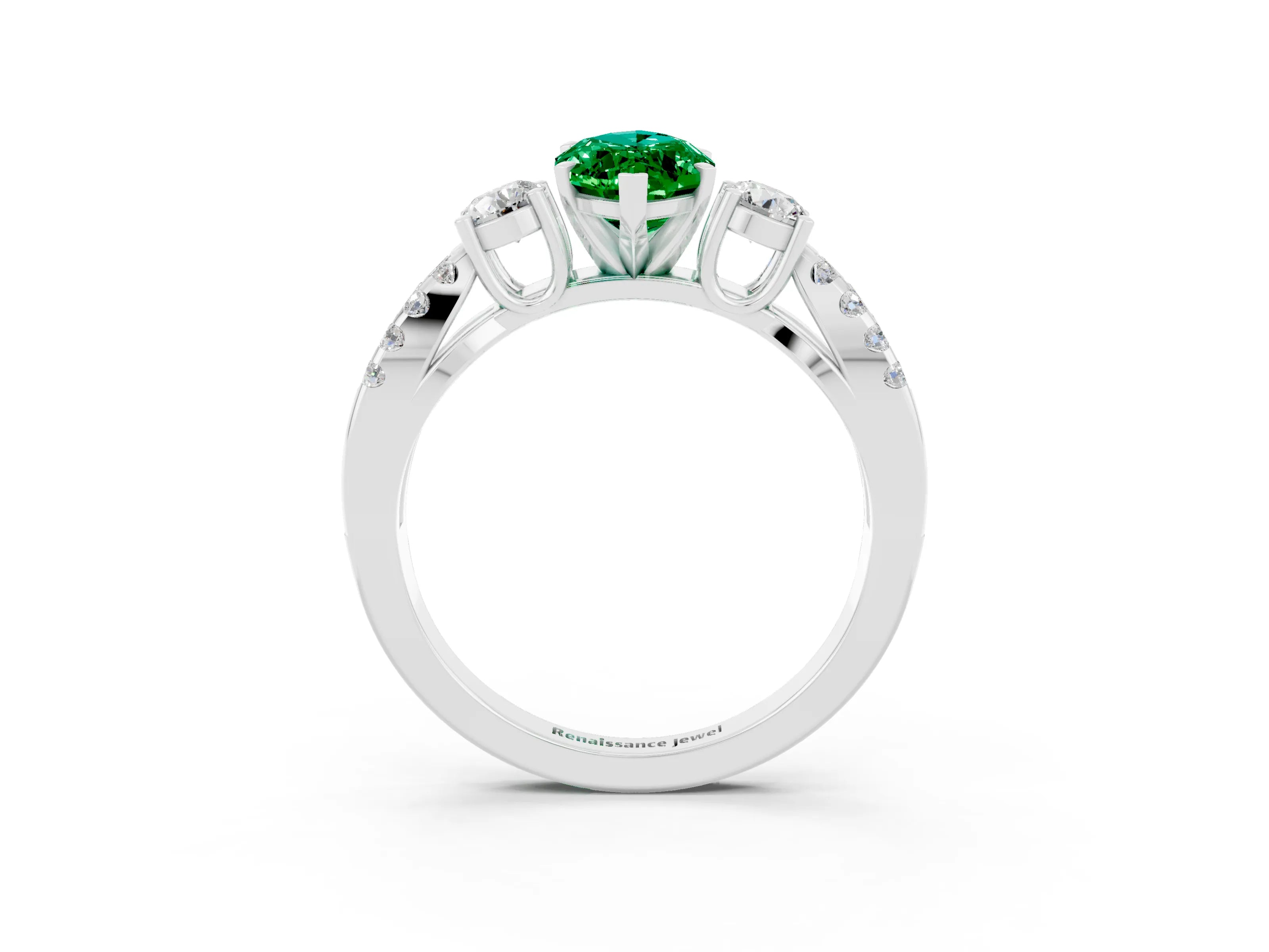 White gold Marquise Cut Emerald Three-Stone Ring with Pavé Split Shank and Four-Prong Setting_15