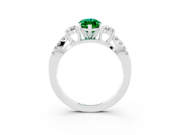 White gold Marquise Cut Emerald Three-Stone Ring with Pavé Split Shank and Four-Prong Setting