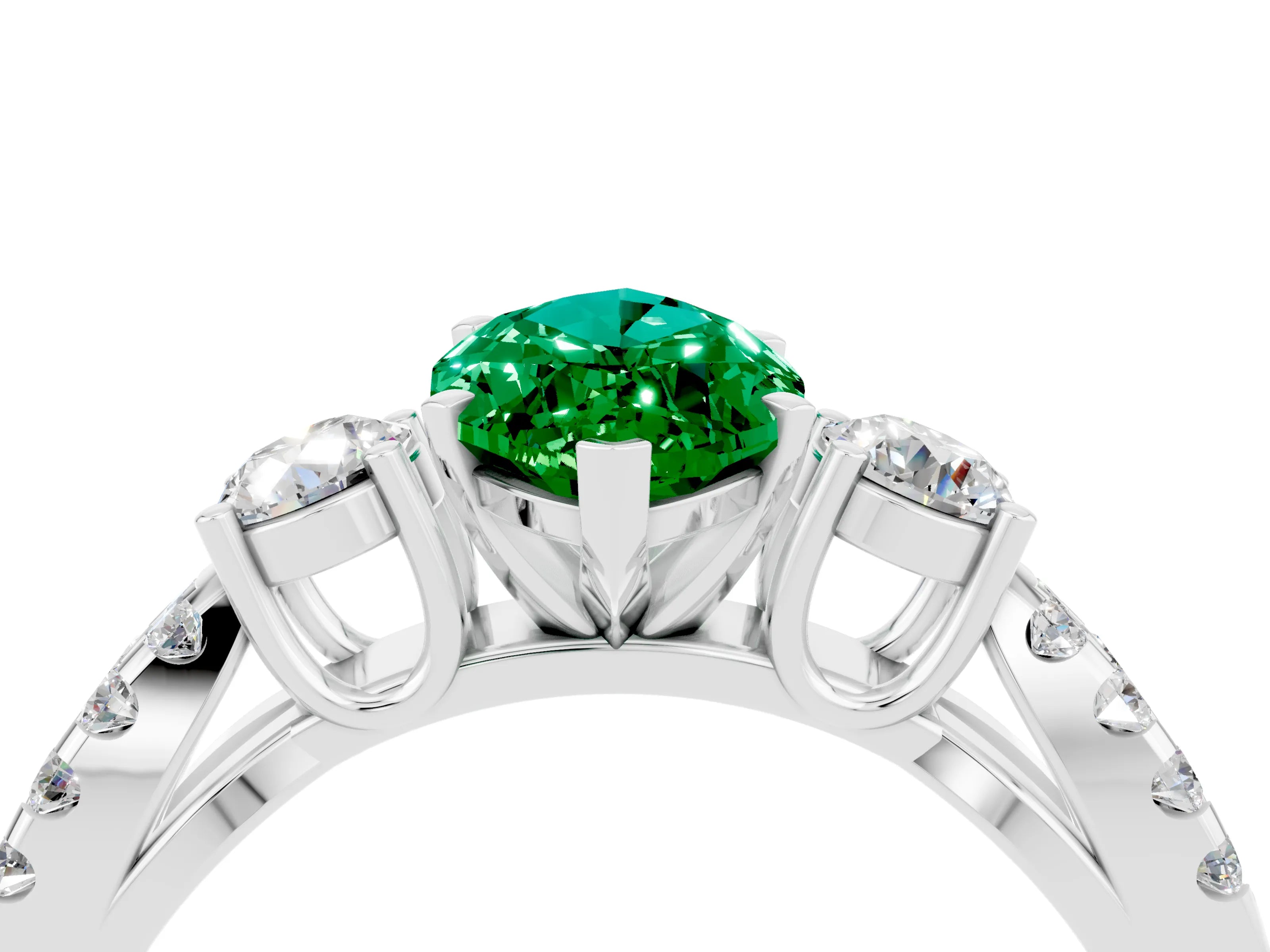 White gold Marquise Cut Emerald Three-Stone Ring with Pavé Split Shank and Four-Prong Setting_16