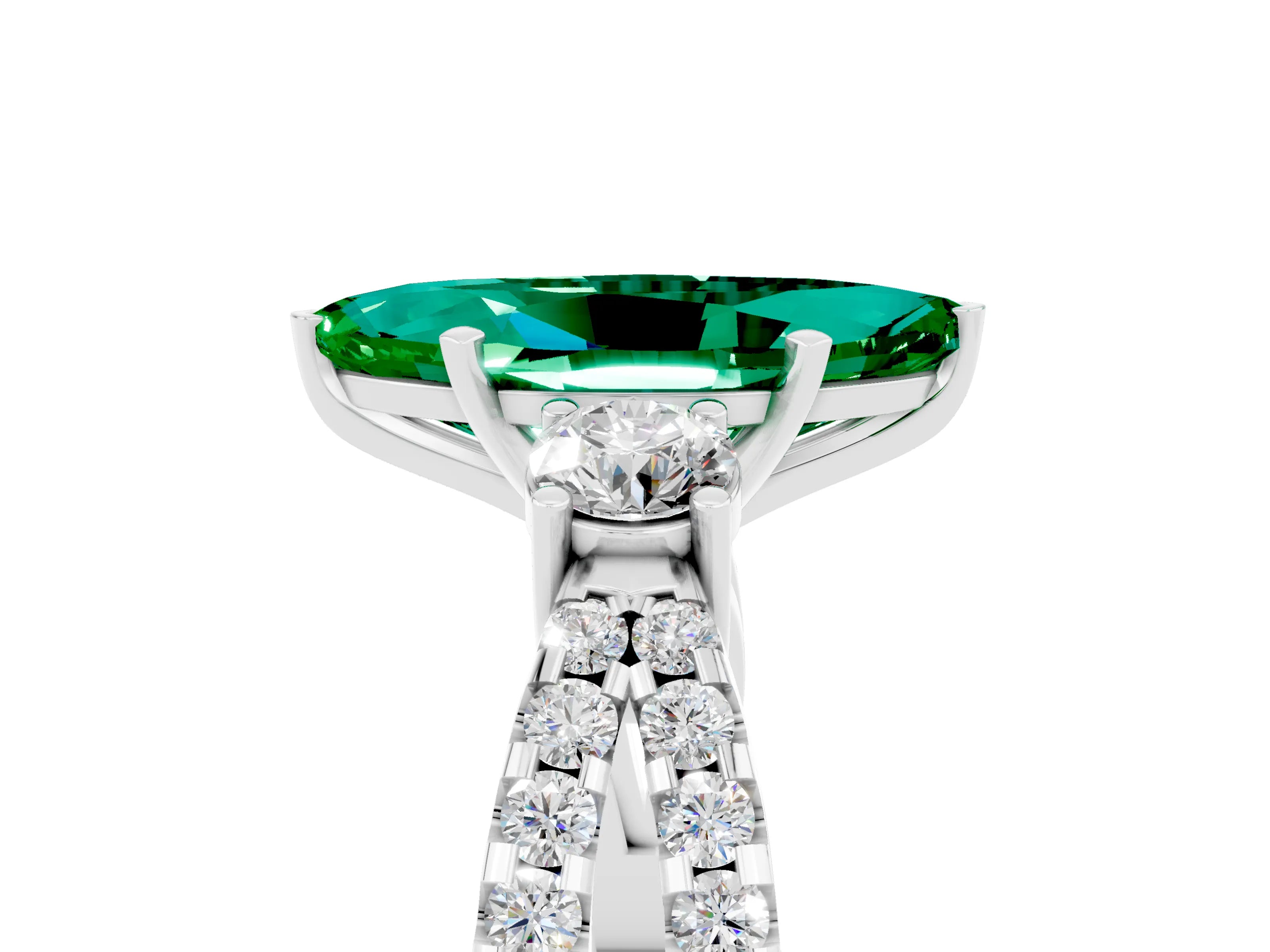White gold Marquise Cut Emerald Three-Stone Ring with Pavé Split Shank and Four-Prong Setting_17