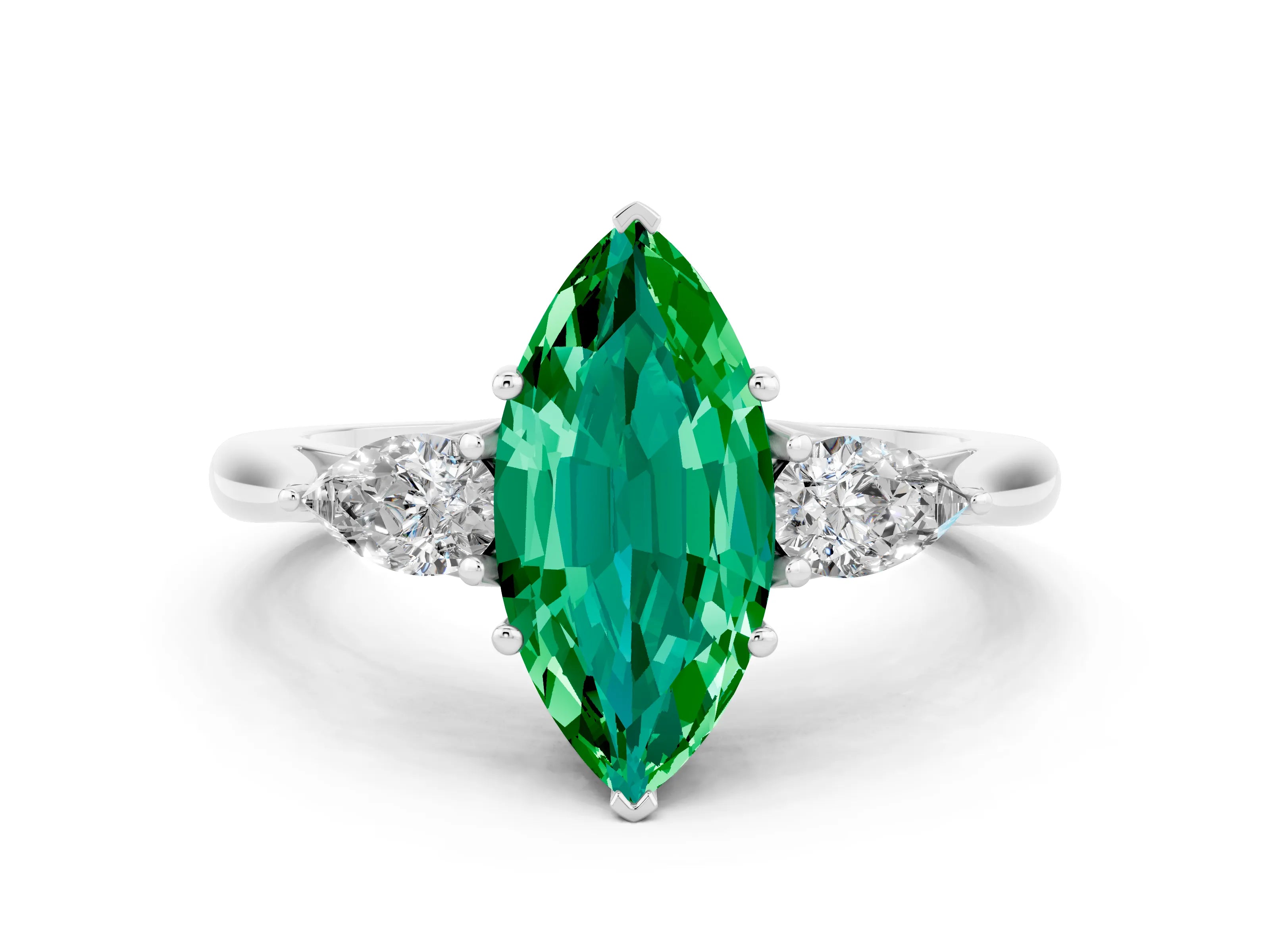 White gold Marquise Cut Emerald Three-Stone Ring with Pear Side Stones and Four-Prong Setting_12