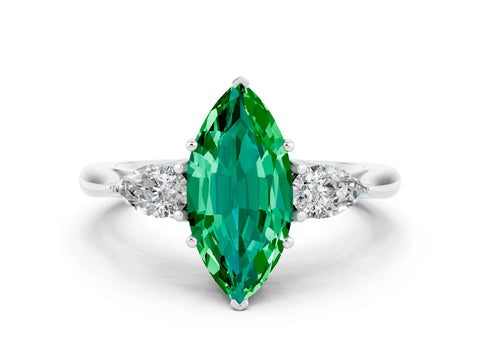 White gold Marquise Cut Emerald Three-Stone Ring with Pear Side Stones and Four-Prong Setting_12
